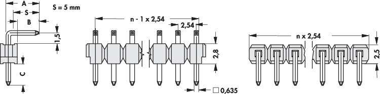 Dessin technique d'un connecteur avec dimensions et espacements en millimètres ; présente des vues latérales et supérieures.