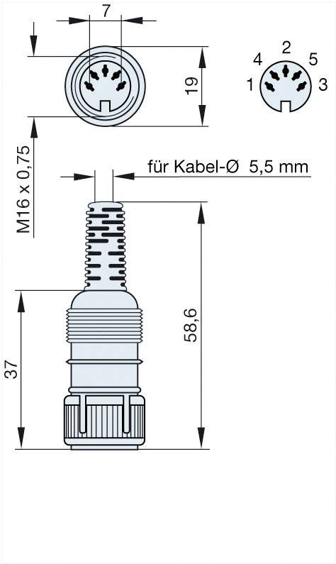 Dessin technique d'un connecteur : Filetage M16 x 0,75, pour câble-Ø 5,5 mm. Vue de dessus et vue latérale avec dimensions.