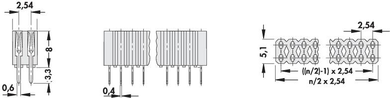 Dessin technique de connecteurs. À gauche dimensions 2,54 mm, nombre 33. Au centre et à droite dimensions similaires avec représentation des broches.