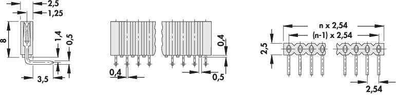Dessin technique d'un connecteur avec des dimensions en millimètres. Montre un connecteur à angle droit, des broches de contact et des espacements.