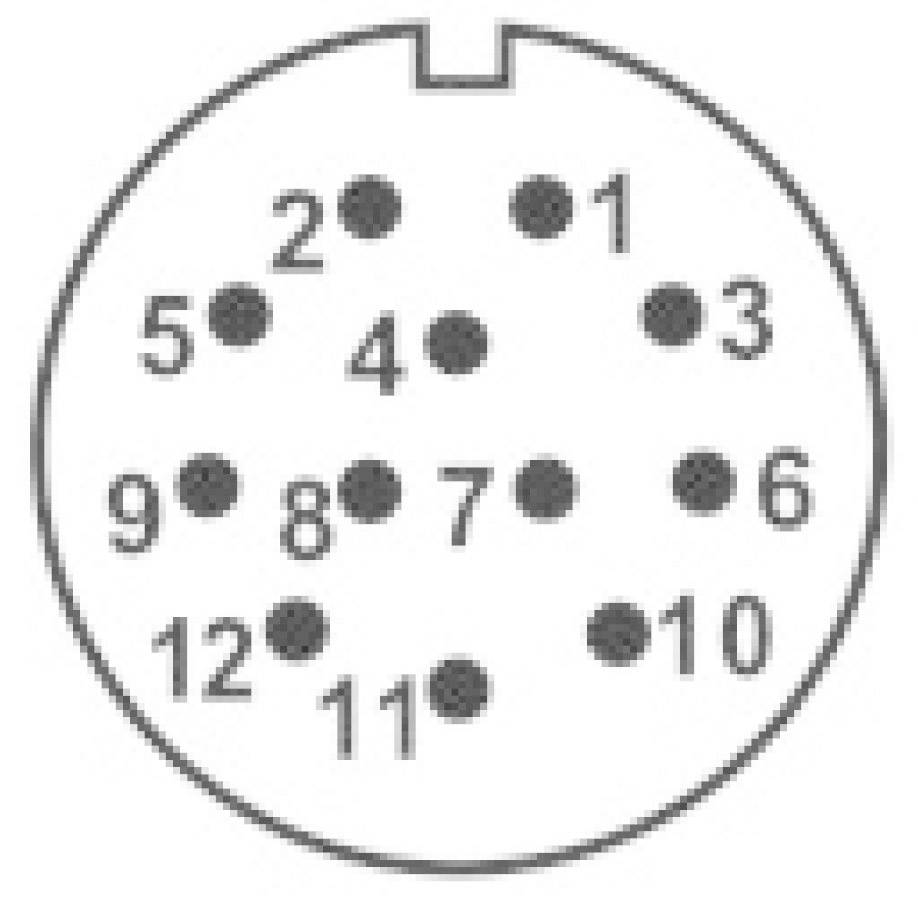Plan de branchement pour connecteur 13 broches. Disposition circulaire avec contacts numérotés de 1 à 13. Les contacts sont répartis de manière symétrique.