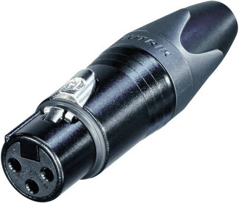 Connecteur XLR à trois broches, boîtier métallique noir et mécanisme de verrouillage argenté. Couramment utilisé pour les câbles de microphone.