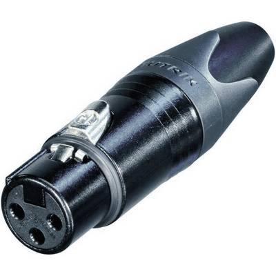Connecteur XLR à trois broches, boîtier métallique noir et mécanisme de verrouillage argenté. Couramment utilisé pour les câbles de microphone.