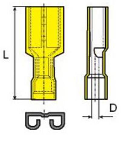Dessin technique d'un connecteur électrique. Présente une vue latérale et frontale avec les dimensions de longueur L et de diamètre D.