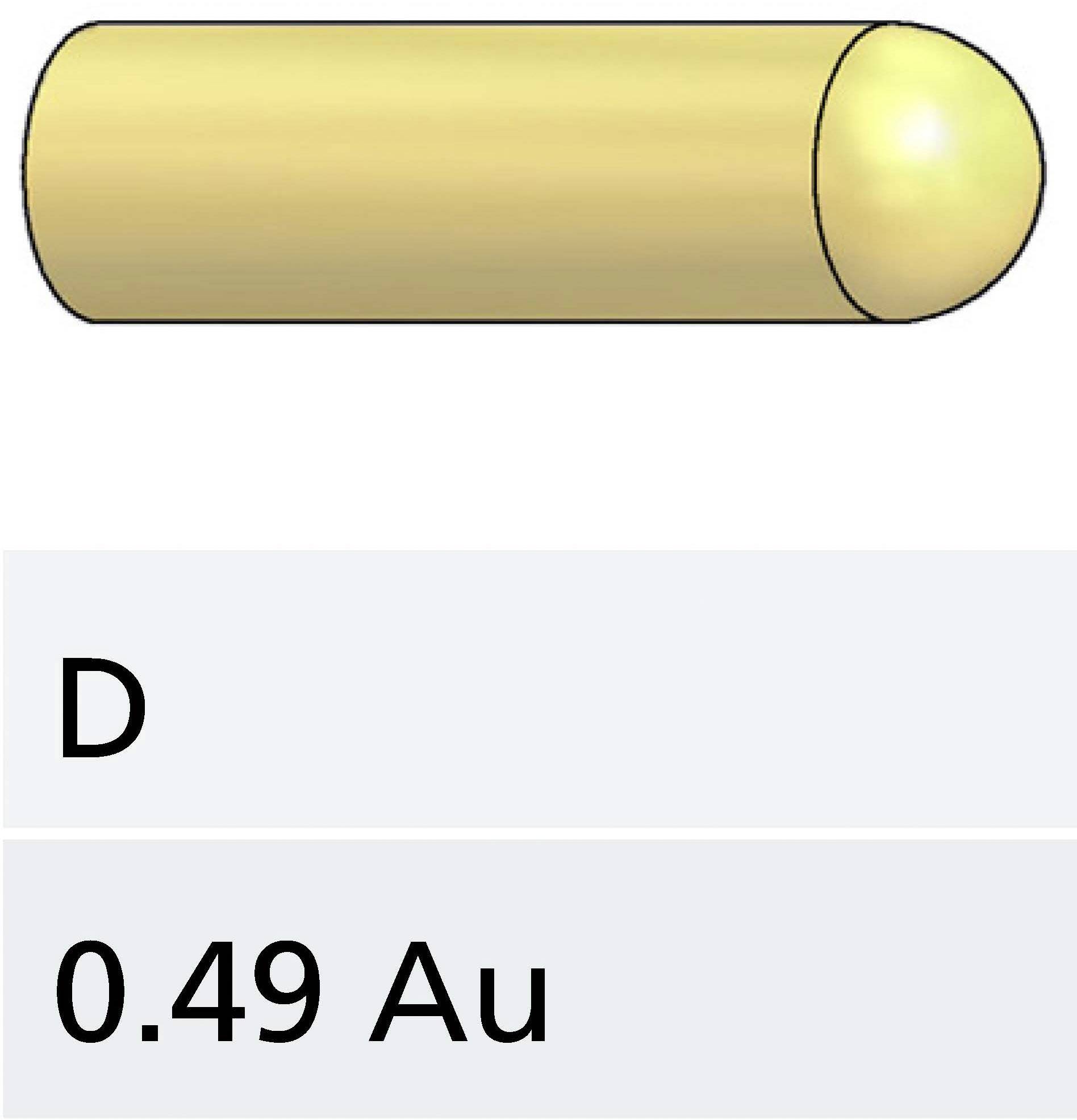 Stylo cylindrique doré, avec la lettre 'D' en dessous, suivie de '0,49 Au', suggérant une information élémentaire ou chimique.