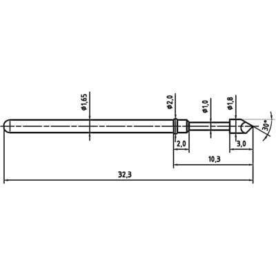 Dessin technique d'une goupille cylindrique avec les dimensions suivantes : longueur 32,3 mm, diamètre 1,65 mm, pointe chanfreinée à 30 degrés.