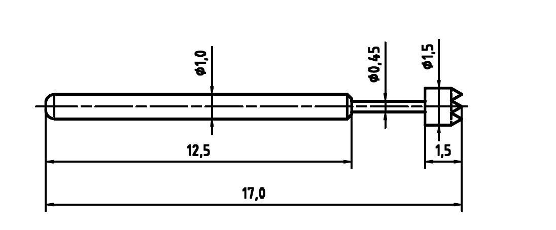 Dessin technique d'un stylo avec dimensions : Longueur 17,0 mm, corps principal de 12,5 mm de diamètre, pointe Ø1,5 mm, Ø1,0 mm et Ø0,45 mm.
