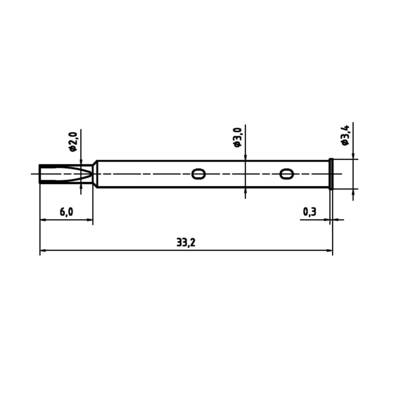 Dessin technique d'un objet cylindrique avec plusieurs diamètres et perçages, dimensions totales de 33,2 mm, différents diamètres marqués.
