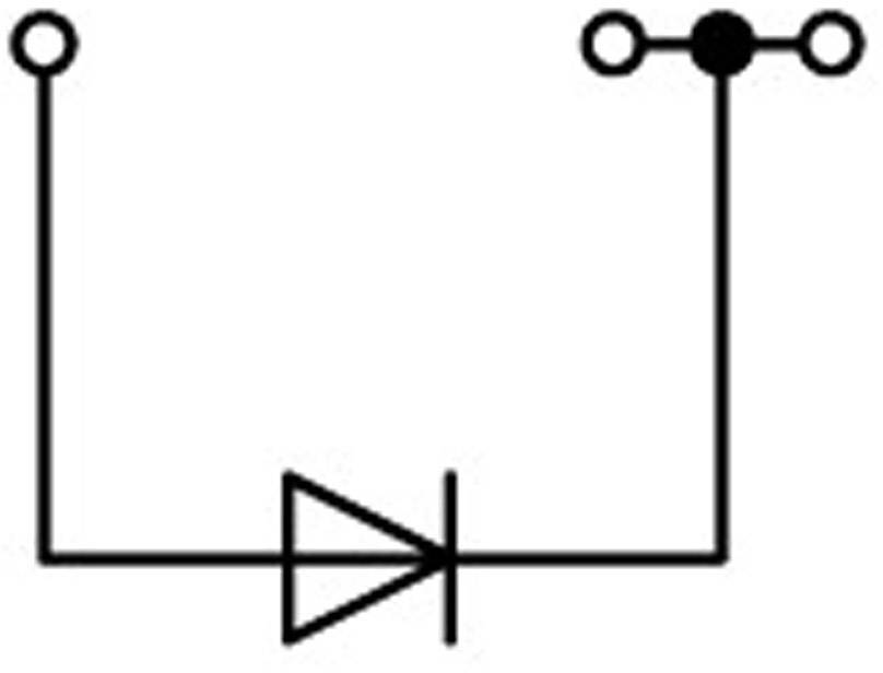 Symbole de commutation d'un composant électronique : Diode avec anode à gauche, cathode à droite, reliée à des symboles circulaires en haut à gauche et en haut à droite.