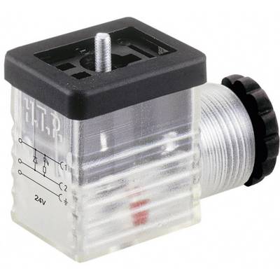 Relais transparent avec couvercle noir, marqué latéralement avec un schéma de câblage et '24V'. Filetage métallique cylindrique à droite avec bordure noire.