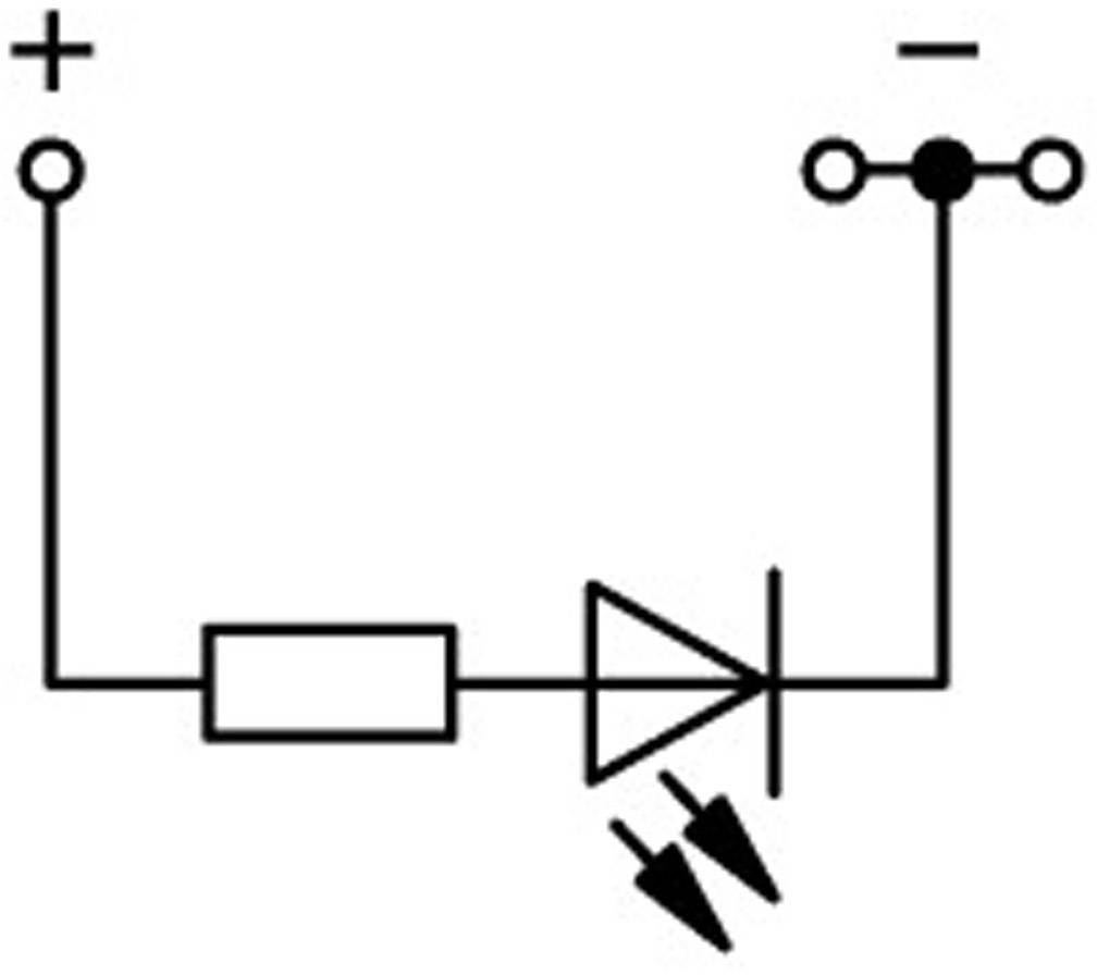 Circuit électrique avec résistance, diode et deux diodes électroluminescentes (LED), reliées entre les pôles positif et négatif.
