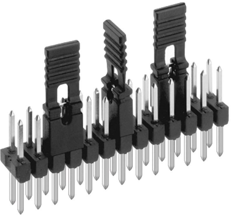 Une barrette noire à plusieurs broches métalliques et deux ponts connectés. Utilisée pour les connexions électriques dans les circuits.