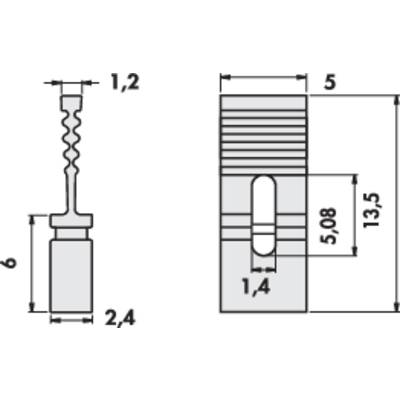 Dessin technique d'un composant avec dimensions : hauteur 13,5 mm, largeur 2,4 mm. Présente une vue de face et une vue latérale avec détails.