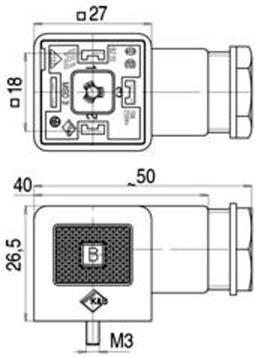 Dessin technique d'un connecteur avec dimensions : 27x18 mm et 50 mm de longueur. Comprend un point de fixation M3 et l'identification 'B'.