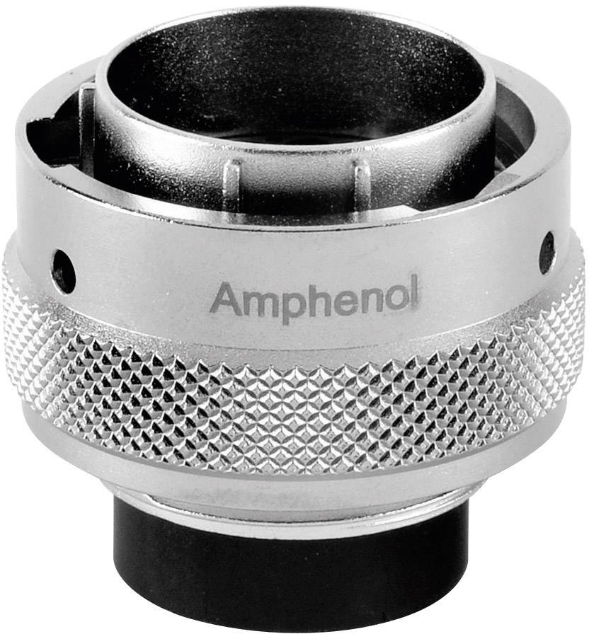 Un connecteur argenté, rond, portant l'inscription 'Amphenol', présente un design rainuré et est destiné aux connexions électroniques.