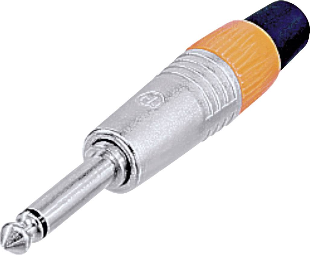 Une fiche jack argentée avec une poignée noire et orange, typique des connexions audio.