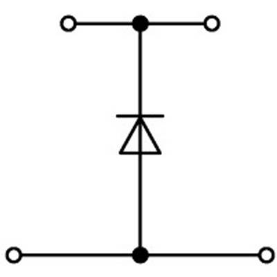 Schéma électronique d'un redresseur : Au centre se trouve une diode, avec des lignes qui mènent vers le haut et vers le bas.