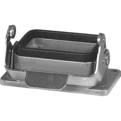 Support métallique à base rectangulaire et charnière sur deux côtés, adapté pour le montage ou la fixation d'appareils.