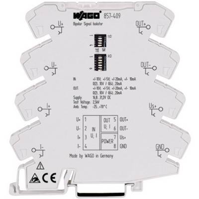 Séparateur de signal bipolaire électrique de WAGO, numéro de modèle 857-409, affichant les spécifications techniques et les schémas de connexion sur la face avant.