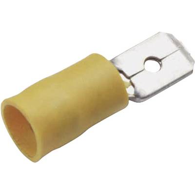 Un cosse de câble plate isolée jaune en métal, utilisée pour les connexions électriques.