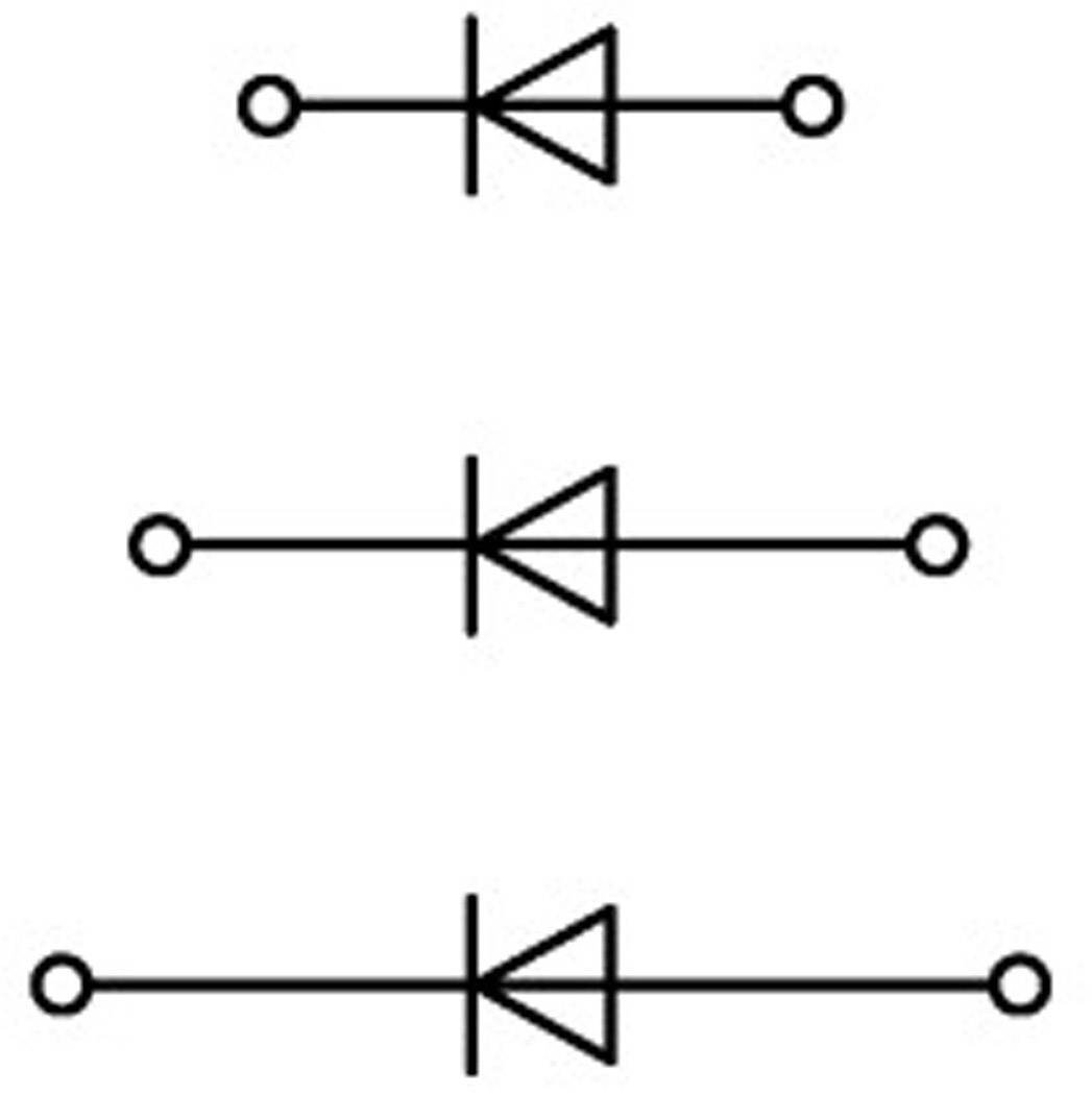 Représentation de trois diodes sous forme de symboles de commutation en ligne, chacune avec deux points de connexion aux extrémités des lignes de liaison.