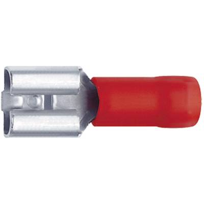 L'image représente un cosses de câble rouge isolée, fabriquée en métal et en plastique, utilisée pour connecter électriquement des câbles de manière sûre.