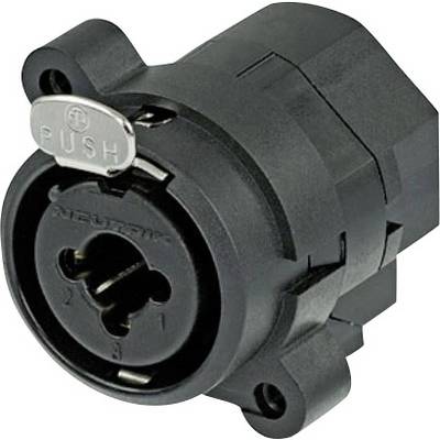 Un connecteur électrique noir avec interrupteur PUSH, marqué 'Neutrik'. Principalement utilisé pour les câbles audio et microphone.