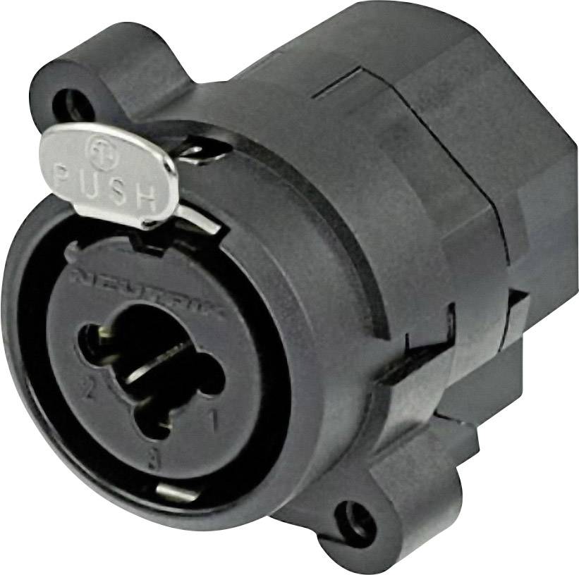 Connecteur XLR noir portant l'inscription « PUSH », utilisé pour les connexions audio, présentant trois contacts de broche et un boîtier en plastique.