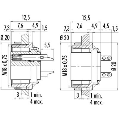 Dessin technique d'un connecteur électrique avec vue de face et vue latérale, dimensions et désignations de filetage.