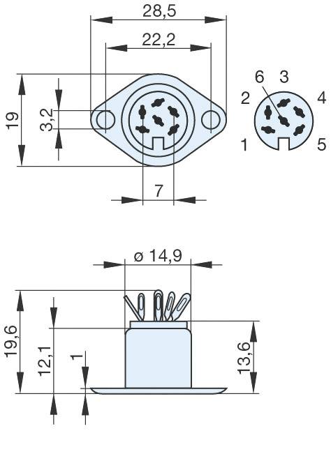 Dessin technique d'un connecteur à 5 broches avec dimensions en millimètres. Vue de dessus avec numérotation des broches en haut, vue latérale en bas.