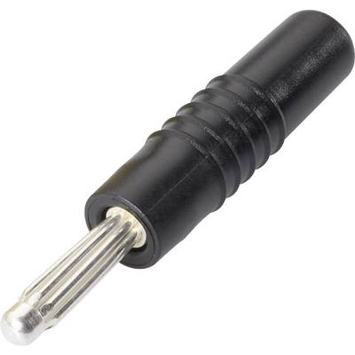 Fiche banane noir sur fond blanc. Connecteur électrique couramment utilisé dans les équipements audio et de mesure.