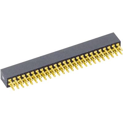 Un connecteur rectangulaire à broches dorées, utilisé pour la connexion électrique de composants ou de cartes de circuit imprimé.