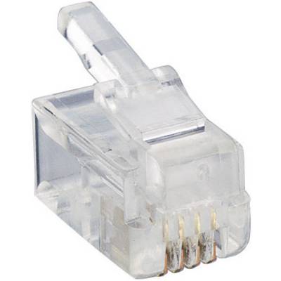 Un connecteur RJ45 transparent avec des contacts dorés, souvent utilisé pour les connexions Ethernet dans les réseaux informatiques.
