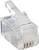 Un connecteur RJ45 transparent avec des contacts dorés, souvent utilisé pour les connexions Ethernet dans les réseaux informatiques.