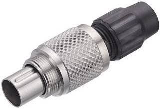 Connecteur circulaire métallique avec poignée striée et partie en plastique noir, adapté aux connexions électroniques.