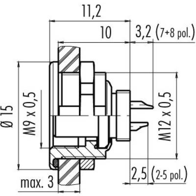 Dessin technique d'un composant cylindrique, vue latérale avec des indications dimensionnelles détaillées en millimètres, montrant les appendices et le diamètre.