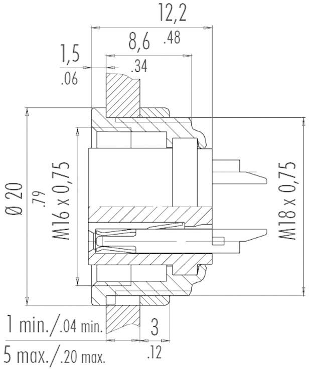 Dessin technique d'une pièce cylindrique avec dimensions en millimètres : Ø20, hauteur 12,2, alésages filetés M16 et M18.