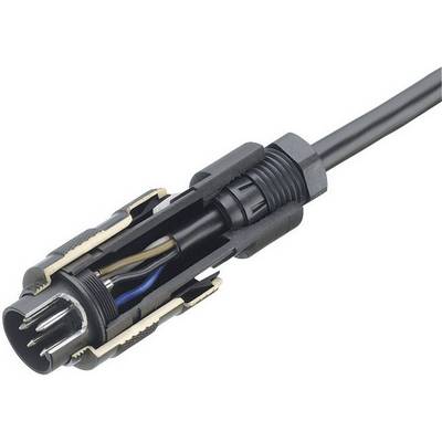Gros plan d'un connecteur électrique avec des fils apparents en noir et bleu. Adapté pour le transport d'électricité ou de données.