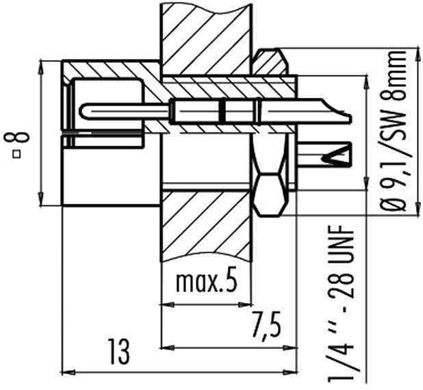 Dessin technique d'un composant avec annotations : 'max. 5', '1/4''-28 UNF', et 'Ø 9,7/SW 8 mm'. Dimensions en millimètres.