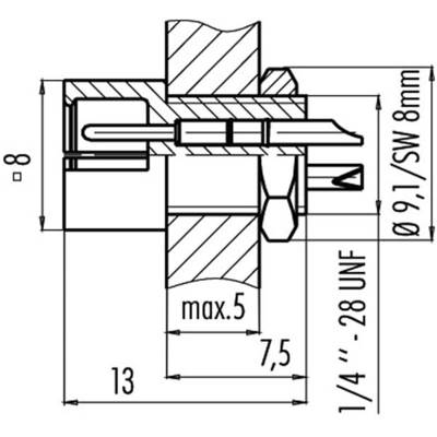 Dessin technique d'un composant avec annotations : 'max. 5', '1/4''-28 UNF', et 'Ø 9,7/SW 8 mm'. Dimensions en millimètres.