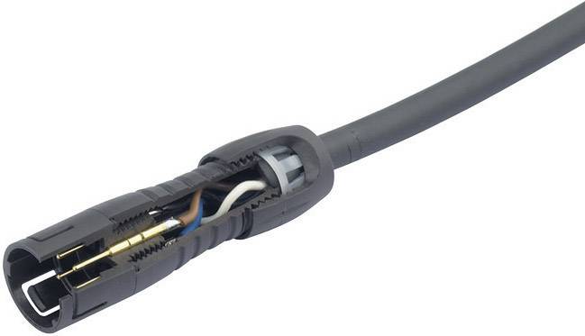 Connecteur de câble électrique avec vue ouverte sur le câblage interne, montrant la connexion de câble et la couche d'isolation.
