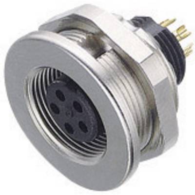 Connecteur rond à cinq broches avec boîtier métallique et broches dorées. Convient pour les connexions électroniques.