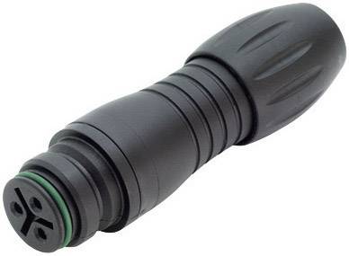 Un connecteur noir cylindrique à surface striée avec un joint d'étanchéité vert à l'extrémité.