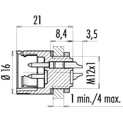 Dessin technique d'un connecteur avec dimensions : Longueur 21 mm, Largeur 8,4 mm, Hauteur 3,5 mm, Diamètre 16 mm, Filetage M12x1. Plage maximale 1 à 4.