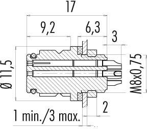 Dessin technique d'un composant mécanique avec dimensions en millimètres : largeur totale 17, diamètre 11,5, autres détails marqués.