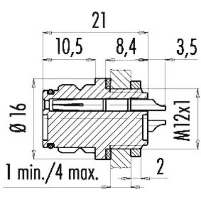 Dessin technique d'un composant cylindrique avec dimensions. Diamètre 16 mm, longueur 21 mm. Filetage M12x1 indiqué.