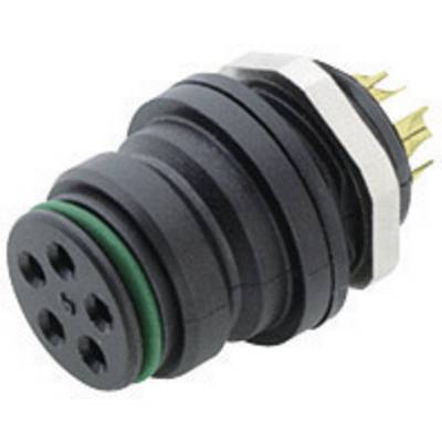 Un connecteur avec plusieurs emplacements circulaires et des broches métalliques dorées, entouré d'un élément de joint vert.