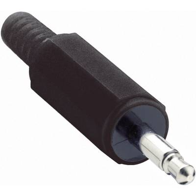 Fiche audio jack noire avec embout métallique, couramment utilisée pour les connexions d'écouteurs sur les appareils électroniques.