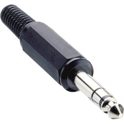Une fiche jack noire avec embout métallique, souvent utilisée pour les connexions audio.