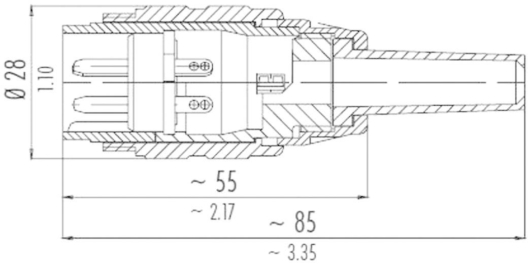 Dessin technique d'un connecteur cylindrique, montrant une coupe transversale avec dimensions : diamètre 28 mm, longueur 85 mm.